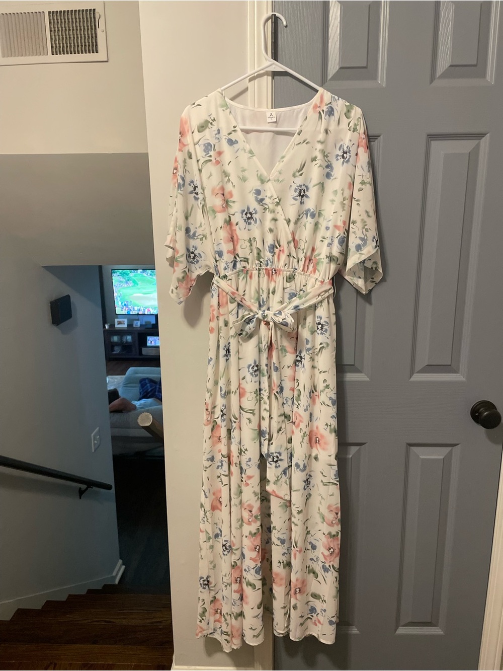 Floral Wrap Maxi Dress in Cream with Pink & Blue Blooms
